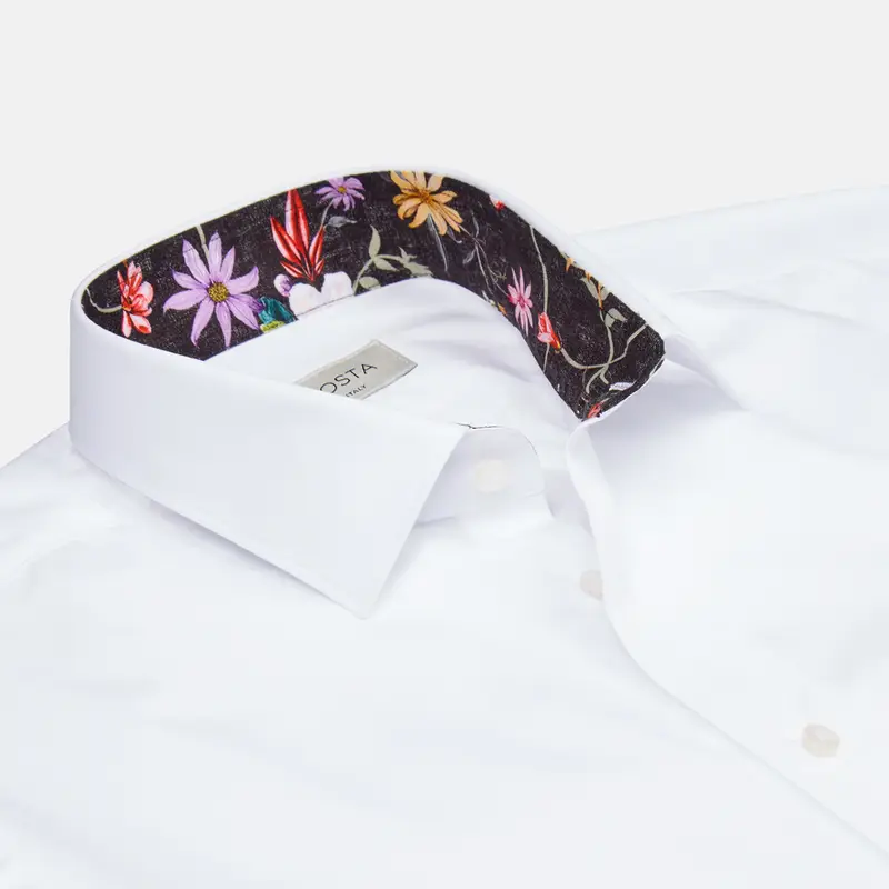 Camicia tinta unita bianco cotone twill doppio ritorto, collo stile collo italiano aggiornato a punte corte miniatura 3