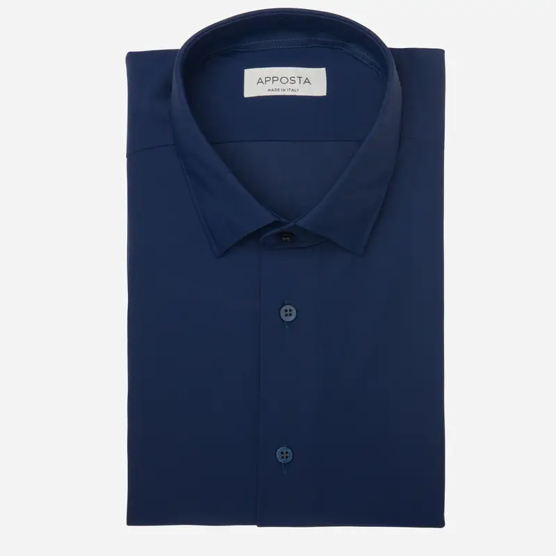 Camicia tinta unita blu 4-way stretch popeline sensitive, collo stile collo italiano aggiornato a punte corte
