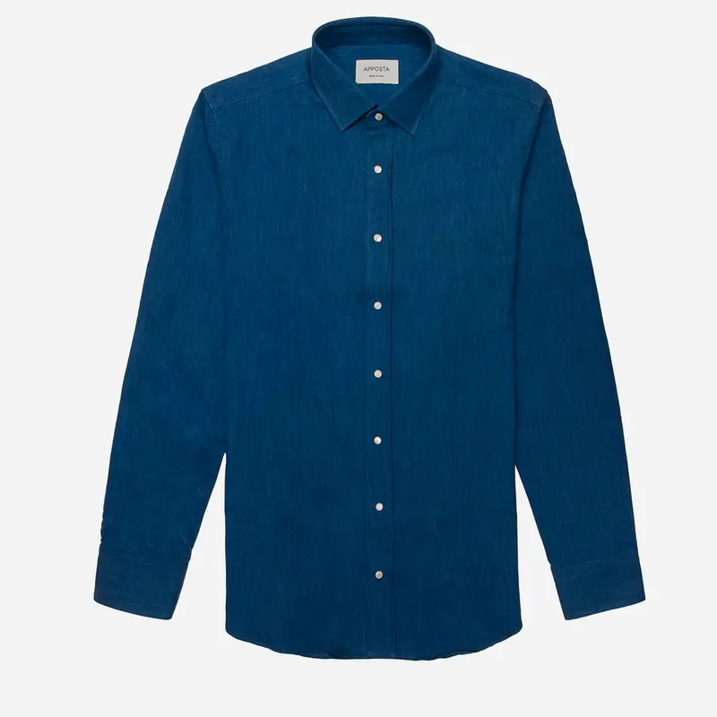 Camicia tinta unita blu cotone denim, collo stile collo italiano aggiornato a punte corte miniatura 3