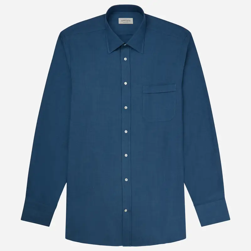 Camicia tinta unita blu cotone denim, collo stile collo italiano basso miniatura 2