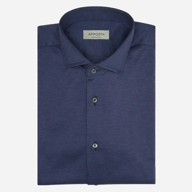 Camicia tinta unita blu cotone jersey doppio ritorto, collo stile collo francese aggiornato a punte corte