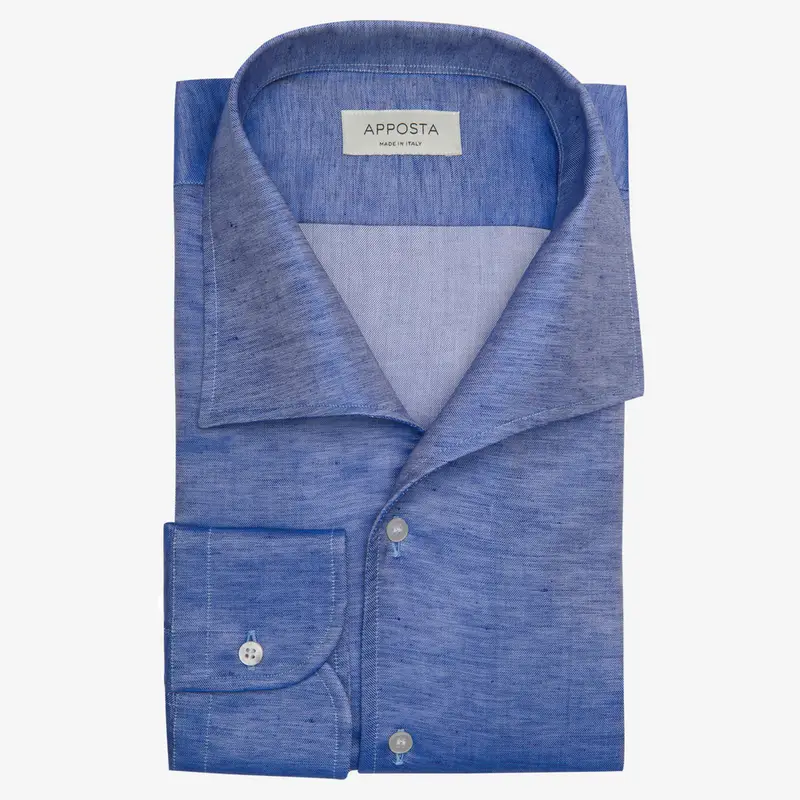 Camicia tinta unita blu cotone-lino tessuto con armatura a tela lino di normandia, collo stile collo capri