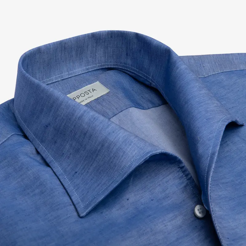 Camicia tinta unita blu cotone-lino tessuto con armatura a tela lino di normandia, collo stile collo capri miniatura 2