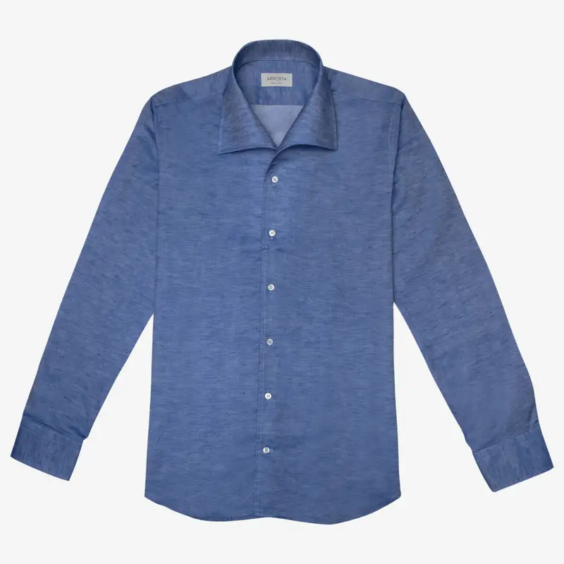 Camicia tinta unita blu cotone-lino tessuto con armatura a tela lino di normandia, collo stile collo capri miniatura 3