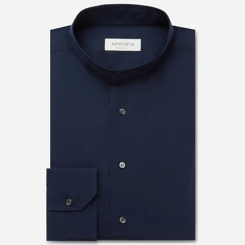 Camicia tinta unita blu cotone popeline, collo stile collo alla coreana senza bottone