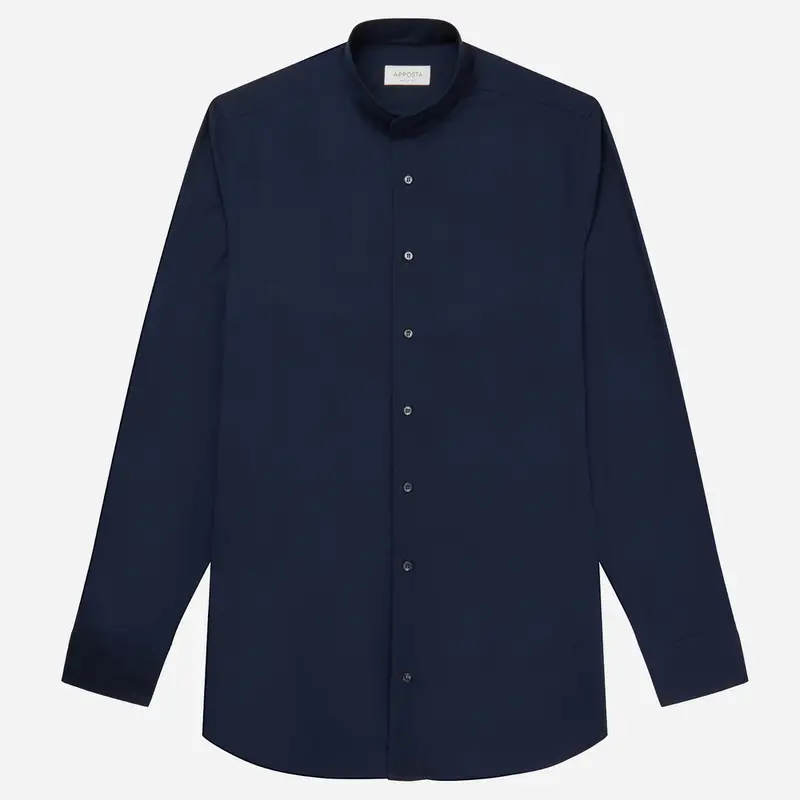 Camicia tinta unita blu cotone popeline, collo stile collo alla coreana senza bottone miniatura 2