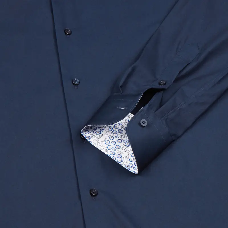 Camicia tinta unita blu cotone popeline, collo stile collo francese basso miniatura 3