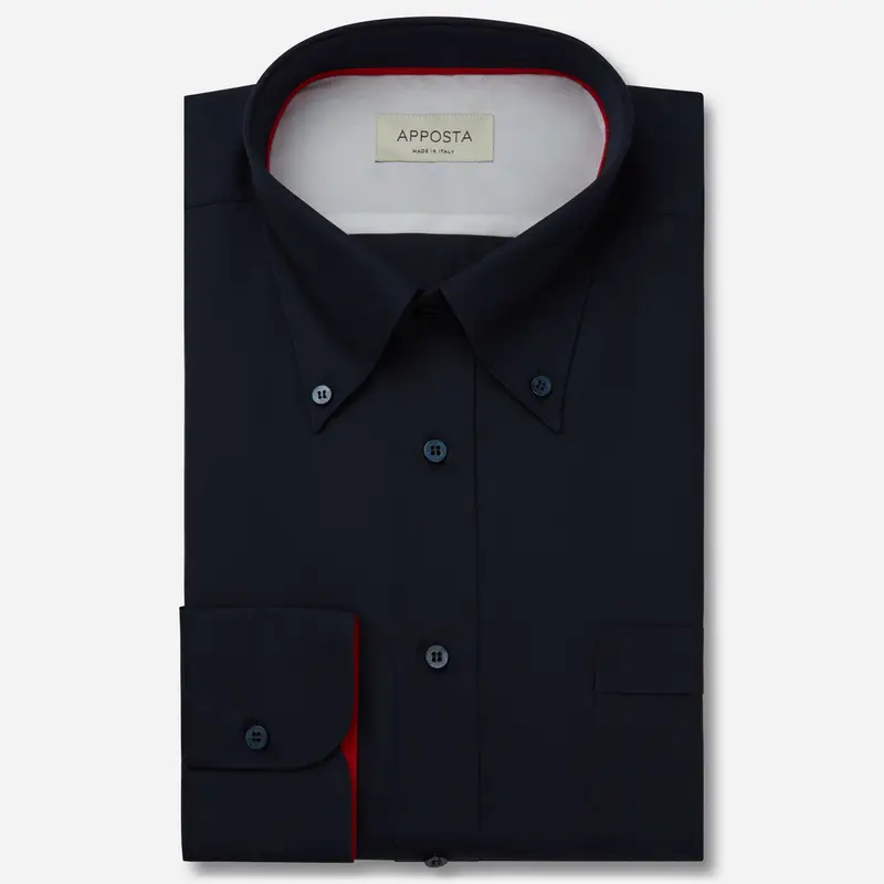 Camicia tinta unita blu cotone raso, collo stile collo button down alto