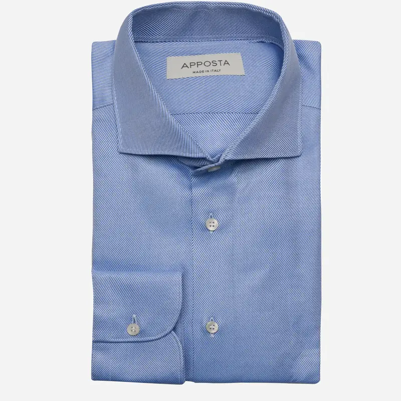 Camicia tinta unita blu cotone twill doppio ritorto, collo stile collo francese basso