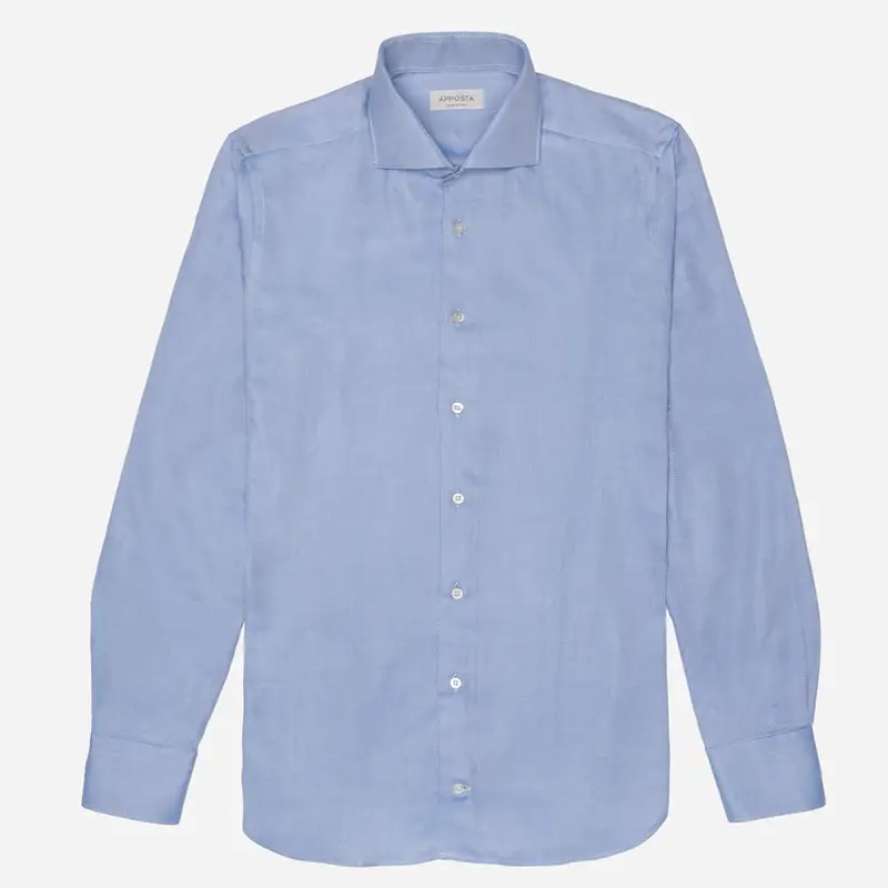 Camicia tinta unita blu cotone twill doppio ritorto, collo stile collo francese basso miniatura 2