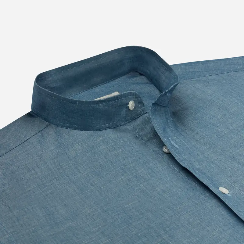 Camicia tinta unita blu lino denim lino di normandia, collo stile collo alla coreana miniatura 3