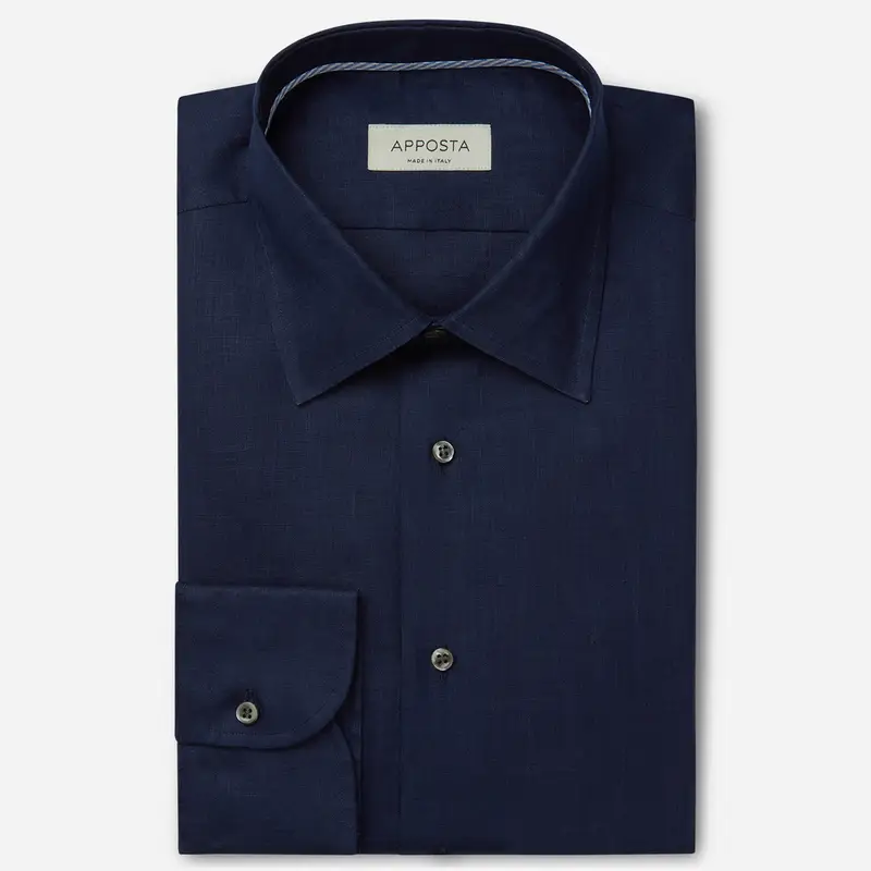 Camicia tinta unita blu lino tessuto con armatura a tela, collo stile collo italiano basso