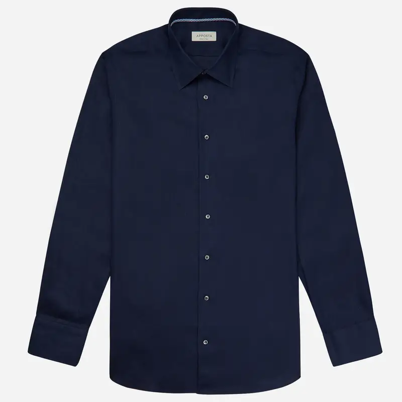 Camicia tinta unita blu lino tessuto con armatura a tela, collo stile collo italiano basso miniatura 2