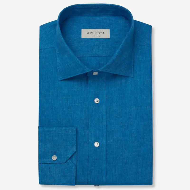 Camicia tinta unita blu lino zephir, collo stile collo semifrancese
