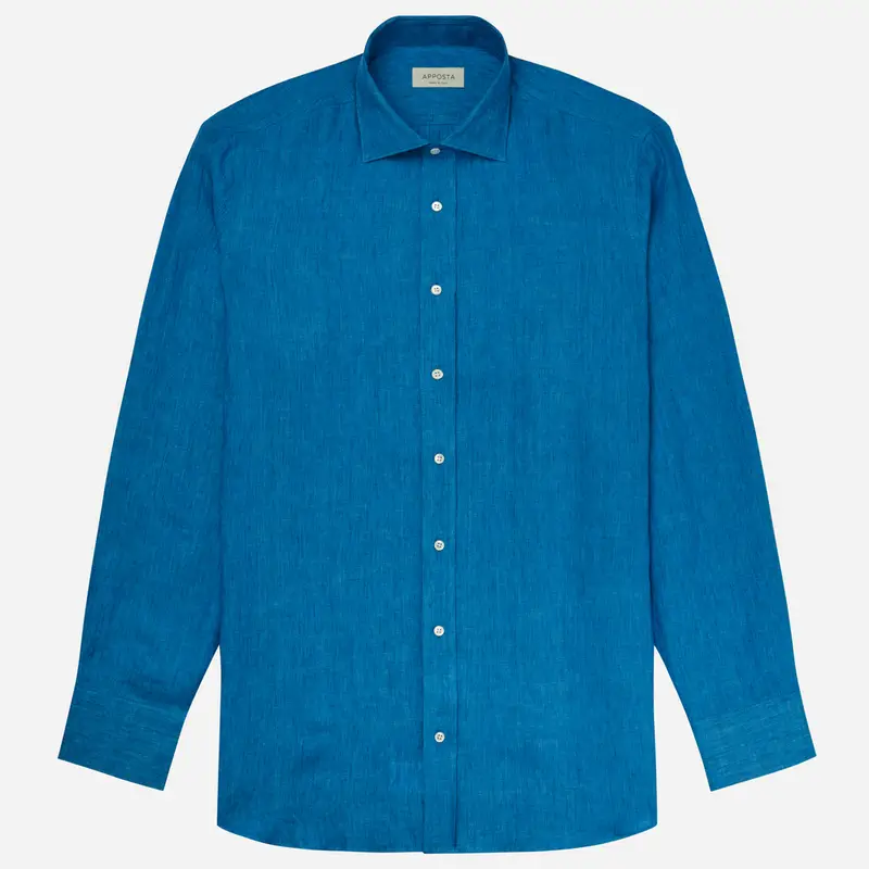 Camicia tinta unita blu lino zephir, collo stile collo semifrancese miniatura 2