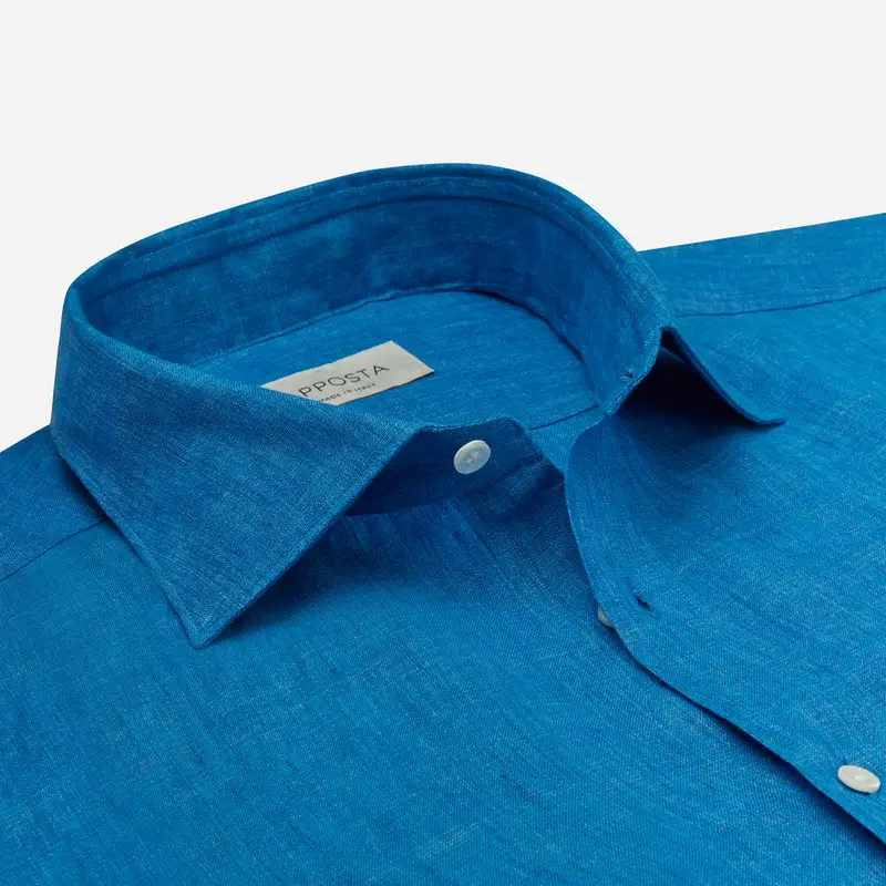 Camicia tinta unita blu lino zephir, collo stile collo semifrancese miniatura 3