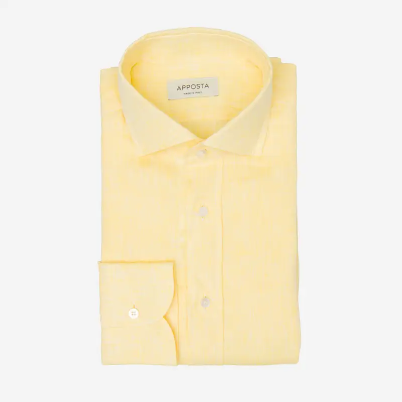 Camicia tinta unita giallo lino tessuto con armatura a tela, collo stile collo francese aggiornato a punte corte