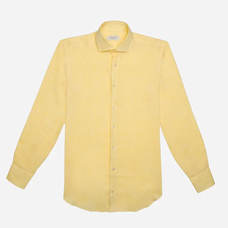 Camicia tinta unita giallo lino tessuto con armatura a tela, collo stile collo francese aggiornato a punte corte miniatura 2