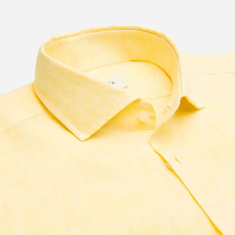 Camicia tinta unita giallo lino tessuto con armatura a tela, collo stile collo francese aggiornato a punte corte miniatura 3