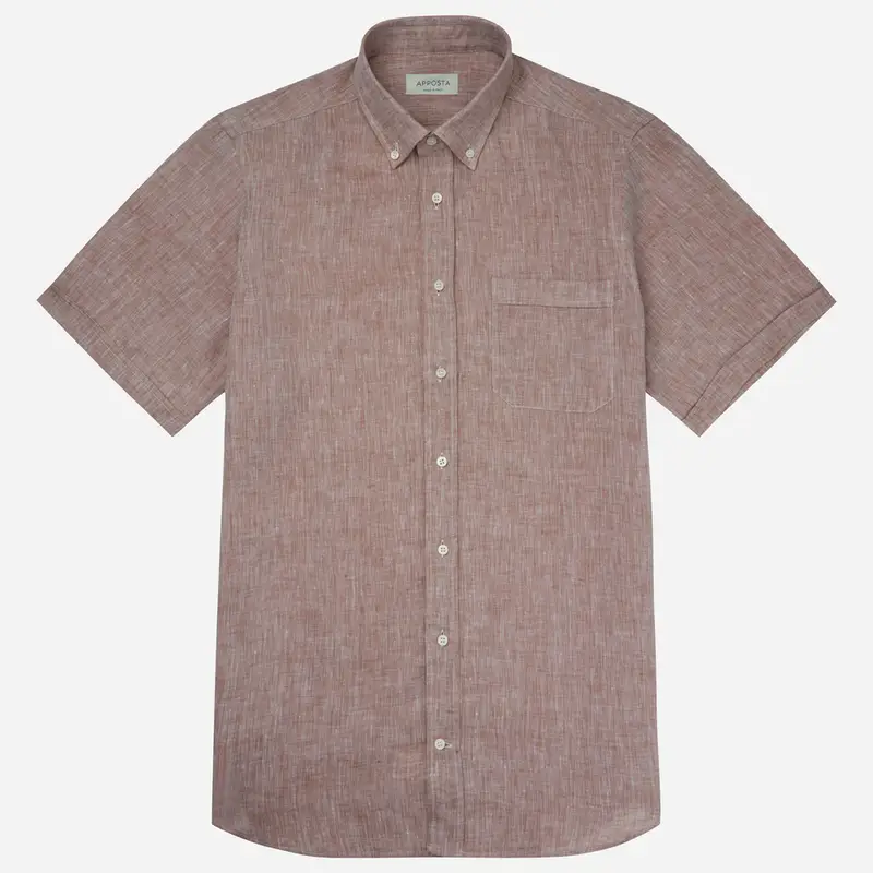 Camicia tinta unita marrone lino tessuto con armatura a tela, collo stile collo button down piccolo miniatura 2