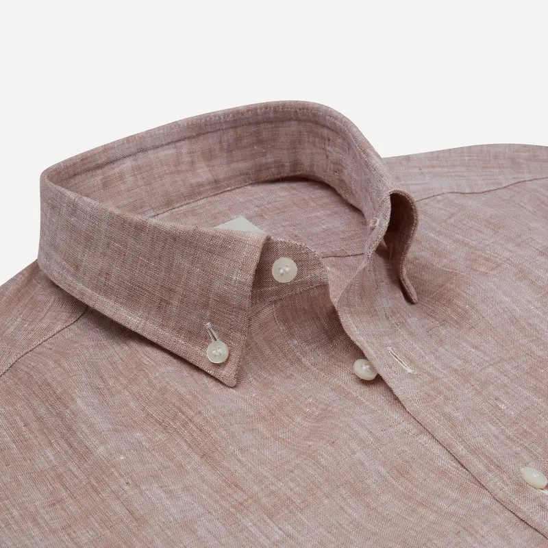 Camicia tinta unita marrone lino tessuto con armatura a tela, collo stile collo button down piccolo miniatura 3