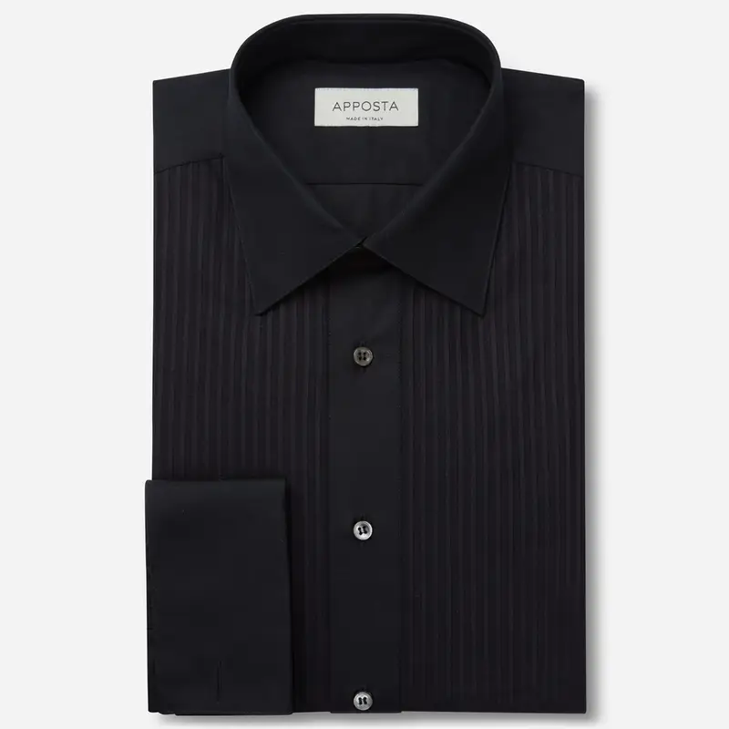 Camicia tinta unita nero cotone, collo stile collo italiano basso, polso da gemelli