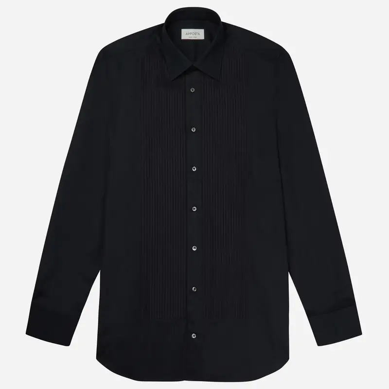 Camicia tinta unita nero cotone, collo stile collo italiano basso, polso da gemelli miniatura 2