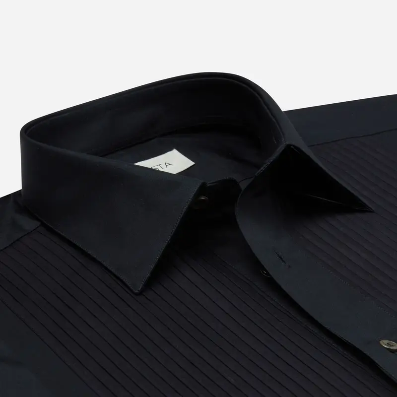 Camicia tinta unita nero cotone, collo stile collo italiano basso, polso da gemelli miniatura 3
