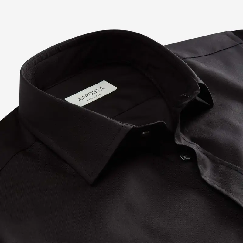 Camicia tinta unita nero cotone coolmax twill, collo stile collo italiano aggiornato a punte corte miniatura 3