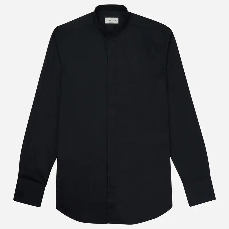 Camicia tinta unita nero cotone popeline doppio ritorto, collo stile collo alla coreana senza bottone miniatura 2