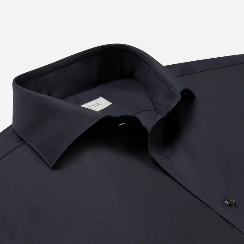 Camicia tinta unita nero cotone stiro facile popeline, collo stile collo francese basso miniatura 3