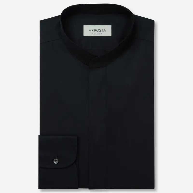 Camicia tinta unita nero cotone twill doppio ritorto, collo stile collo alla coreana senza bottone