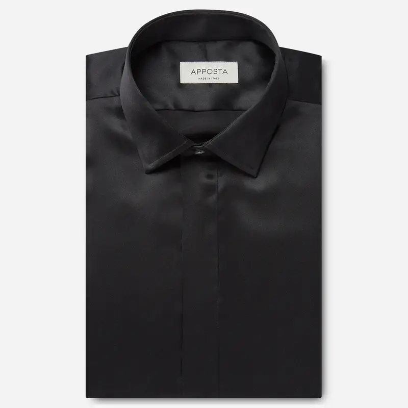 Camicia tinta unita nero seta popeline, collo stile collo italiano aggiornato a punte corte, polso da gemelli