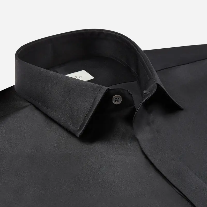 Camicia tinta unita nero seta popeline, collo stile collo italiano aggiornato a punte corte, polso da gemelli miniatura 3