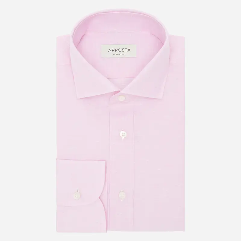 Camicia tinta unita rosa cotone-lino tessuto con armatura a tela, collo stile collo francese aggiornato a punte corte