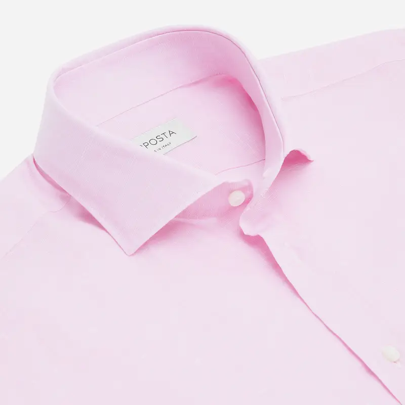 Camicia tinta unita rosa cotone-lino tessuto con armatura a tela, collo stile collo francese aggiornato a punte corte miniatura 3
