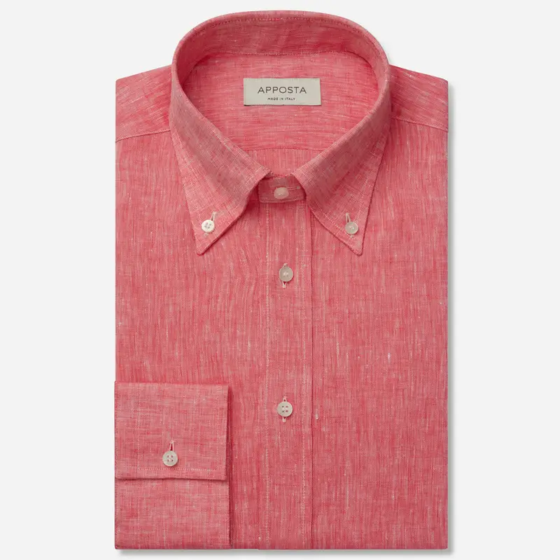 Camicia tinta unita rosso lino tessuto con armatura a tela lino di normandia, collo stile collo button down