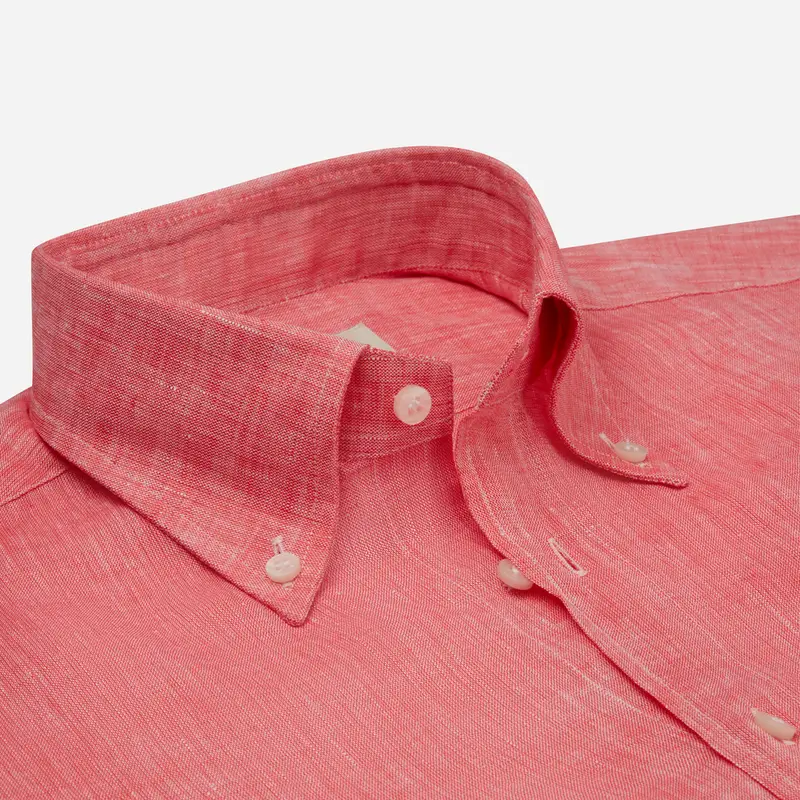 Camicia tinta unita rosso lino tessuto con armatura a tela lino di normandia, collo stile collo button down miniatura 3