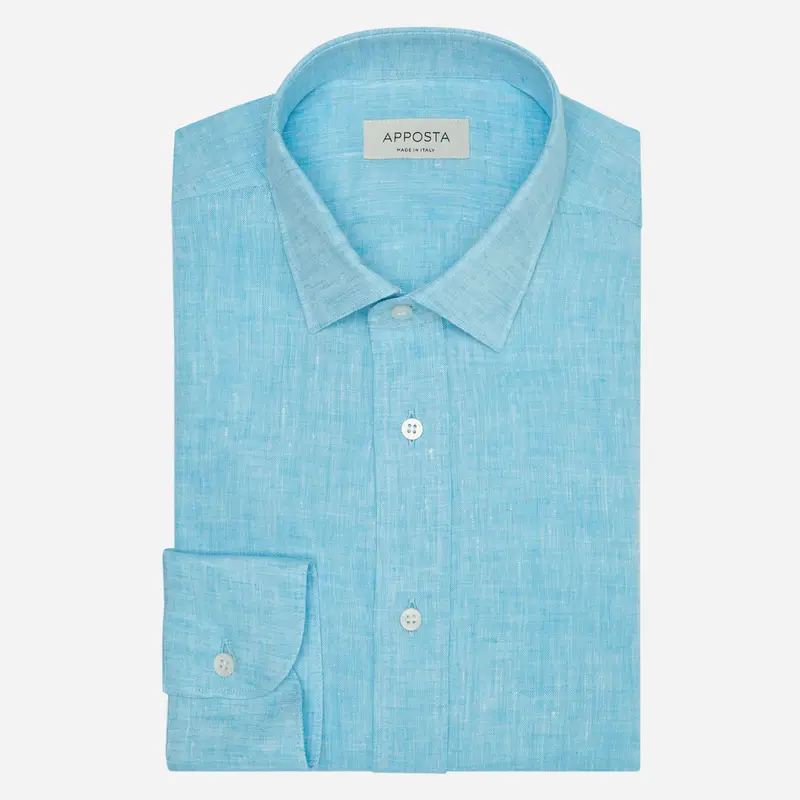 Camicia tinta unita turchese lino zephir, collo stile collo italiano aggiornato a punte corte