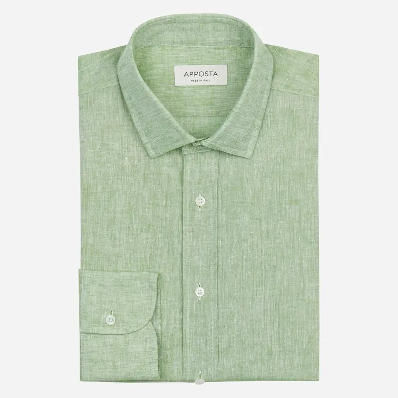 Camicia tinta unita verde cotone-lino tessuto con armatura a tela, collo stile collo italiano aggiornato a punte corte
