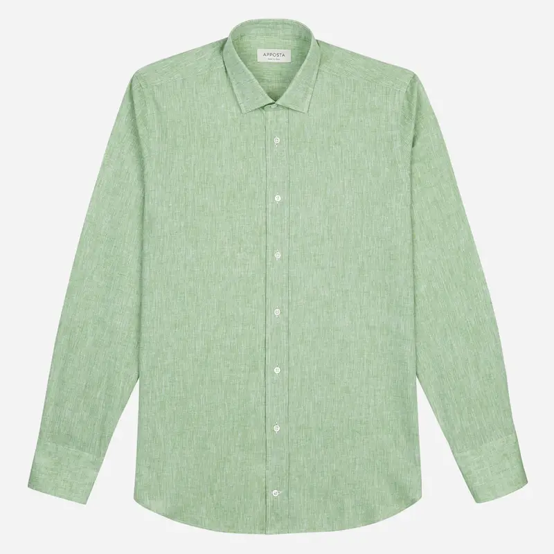 Camicia tinta unita verde cotone-lino tessuto con armatura a tela, collo stile collo italiano aggiornato a punte corte miniatura 2