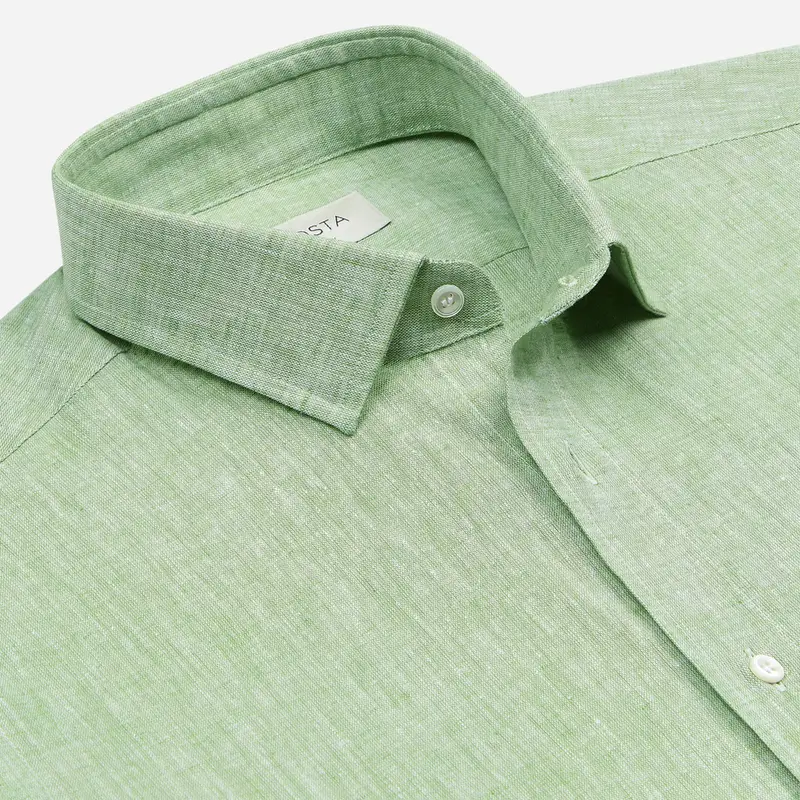 Camicia tinta unita verde cotone-lino tessuto con armatura a tela, collo stile collo italiano aggiornato a punte corte miniatura 3
