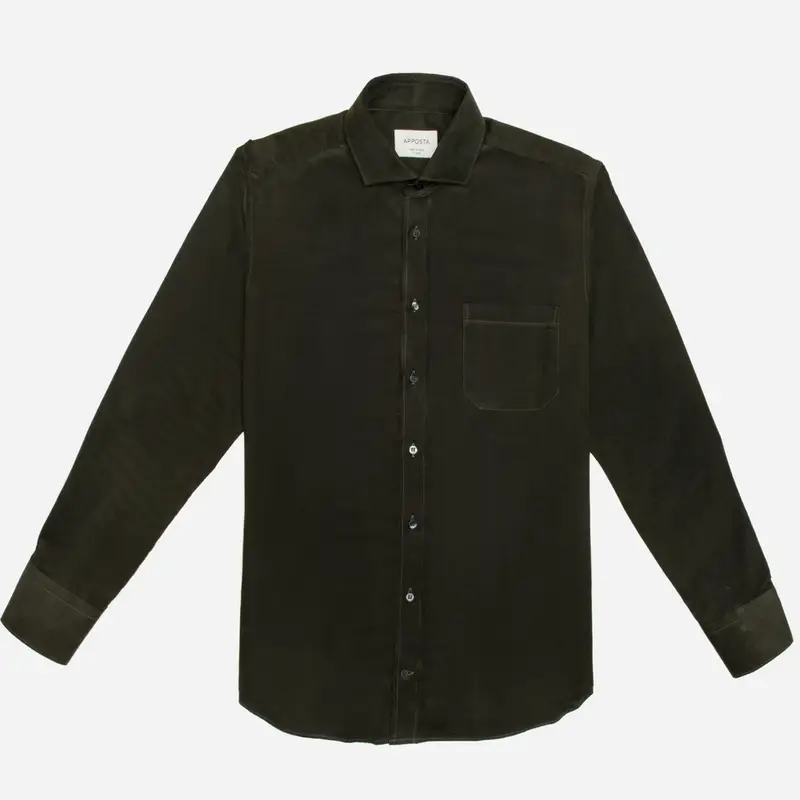 Camicia tinta unita verde cotone testurizzato, collo stile collo francese aggiornato a punte corte miniatura 2