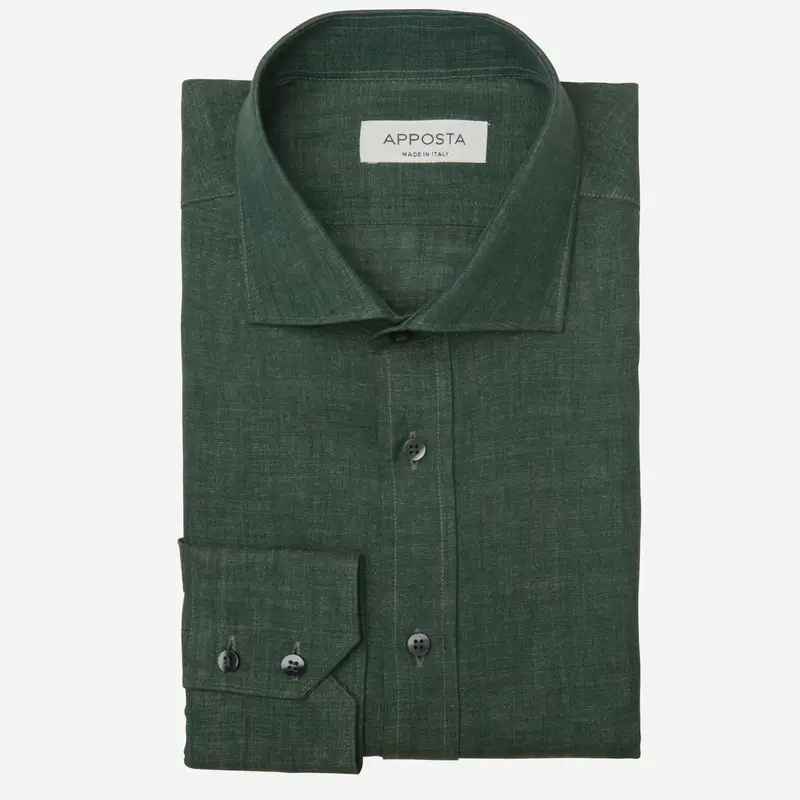 Camicia tinta unita verde lino tessuto con armatura a tela lino di normandia, collo stile collo francese aggiornato a punte corte