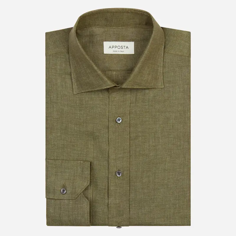 Camicia tinta unita verde lino tessuto con armatura a tela lino di normandia, collo stile collo semifrancese