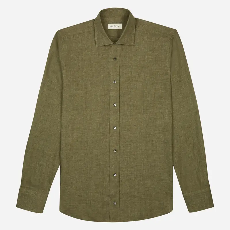 Camicia tinta unita verde lino tessuto con armatura a tela lino di normandia, collo stile collo semifrancese miniatura 2