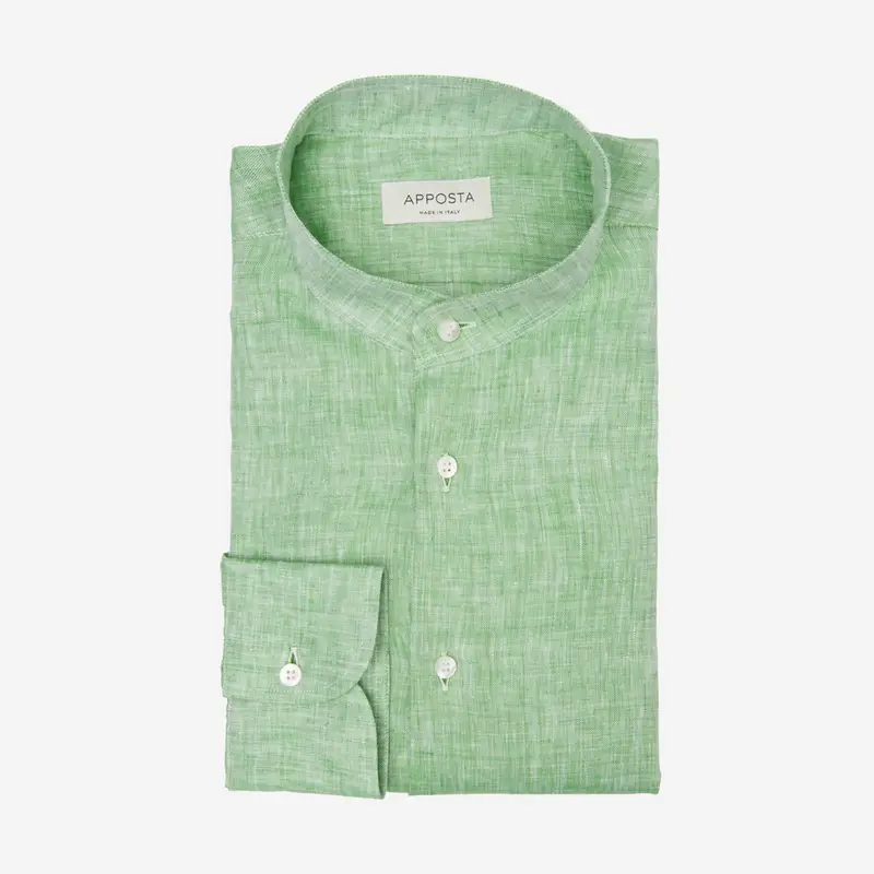 Camicia tinta unita verde lino zephir, collo stile collo alla coreana