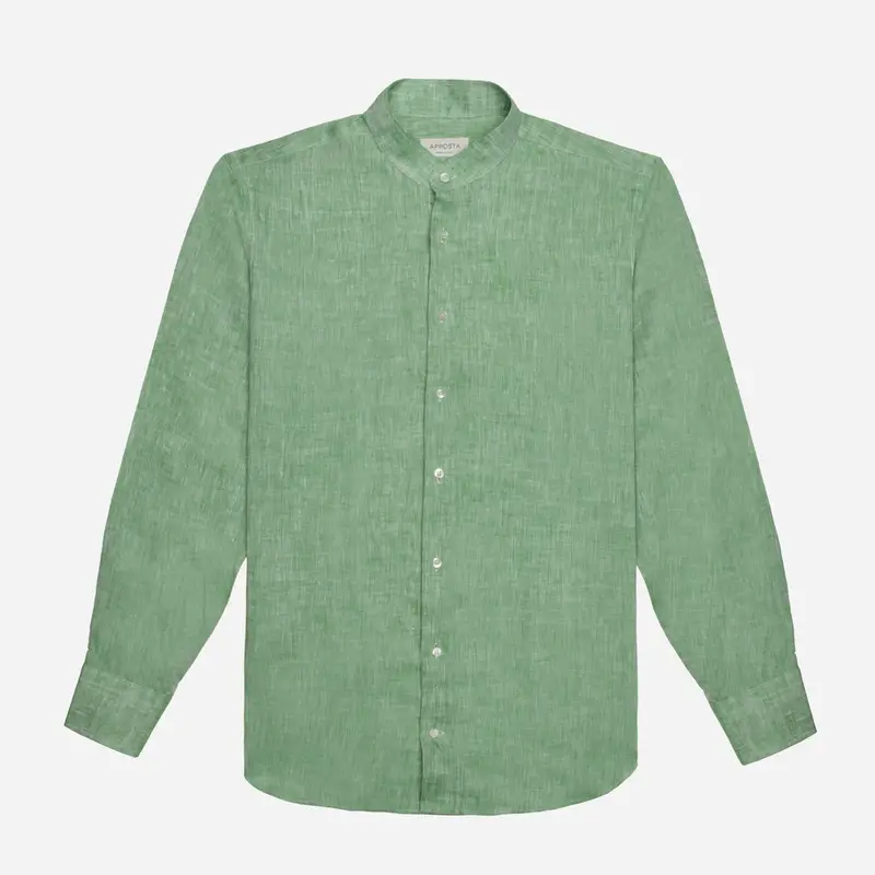 Camicia tinta unita verde lino zephir, collo stile collo alla coreana miniatura 2