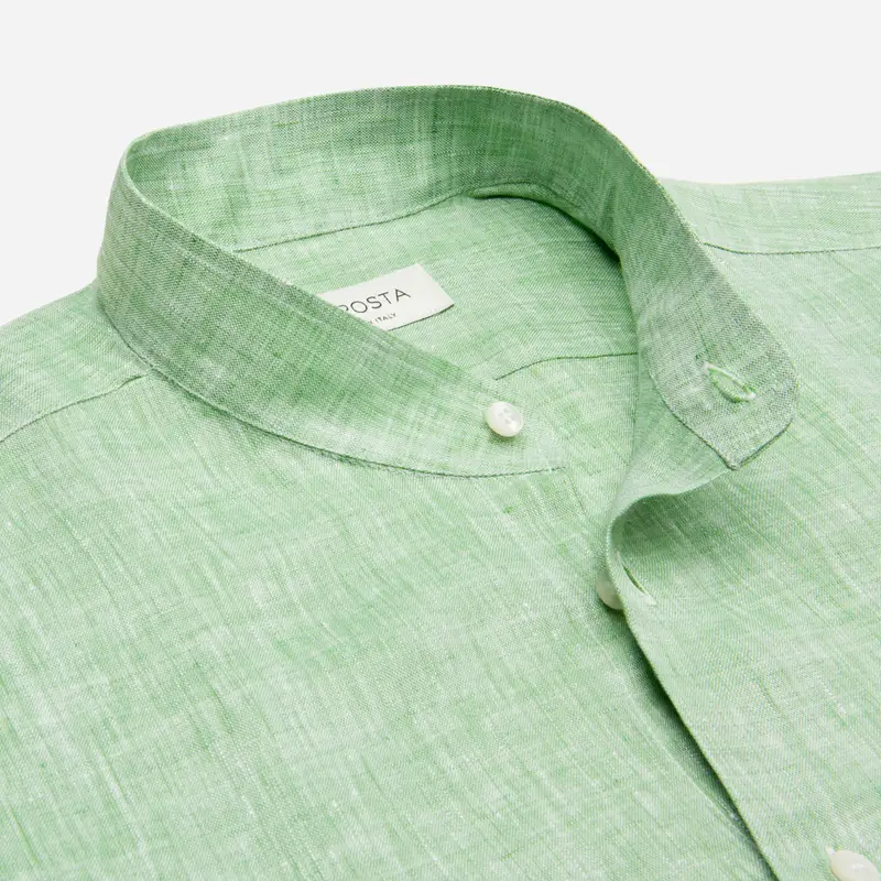Camicia tinta unita verde lino zephir, collo stile collo alla coreana miniatura 3