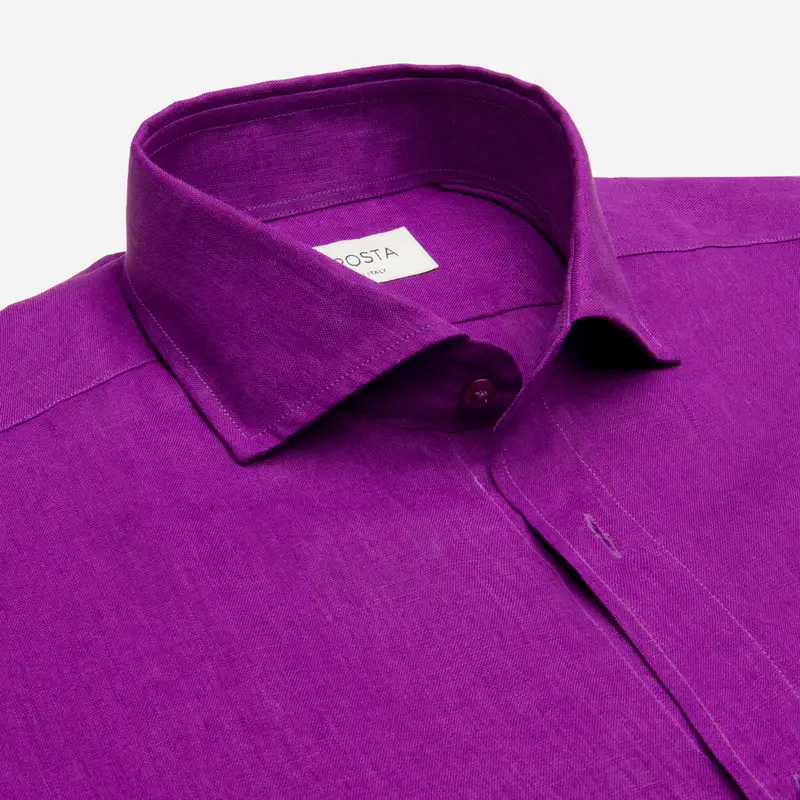 Camicia tinta unita viola lino tessuto con armatura a tela, collo stile collo francese aggiornato a punte corte miniatura 2